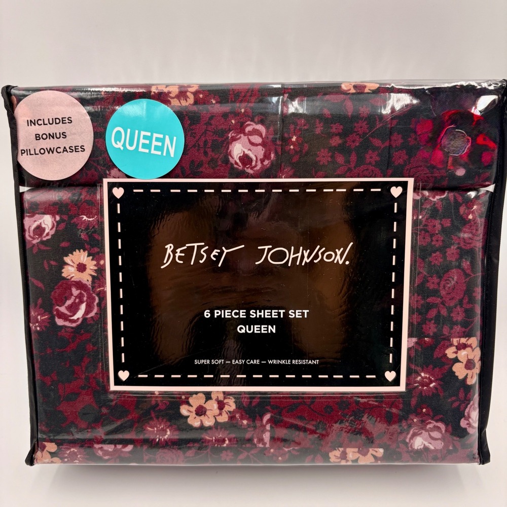 Betsey Johnson Queen Sheet Set 6pc Gothic Patchwork Purple Floral Rose NEW